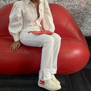 PrettyLittleThing White Balloon Sleeve Denim Split Hem Jumpsuit